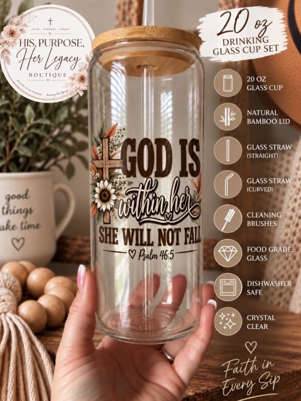 God Is Within Her 20oz Glass Cup | Psalm 46:5 Christian Glass | Faith Gift for W
